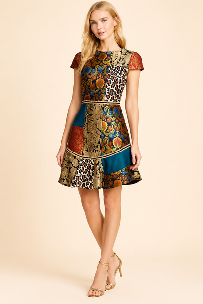 Alice + Olivia Rapunzel Brocade Patchwork Curved Hem Fit & Flare Mini Dress