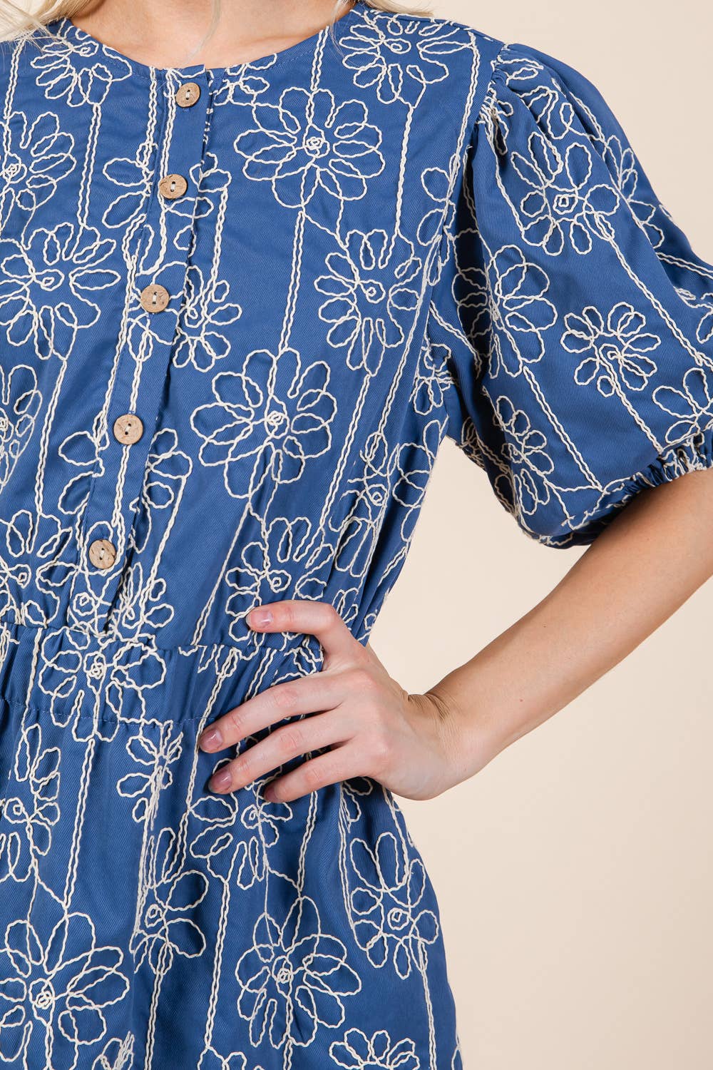 GeeGee x Lovelo Floral Embroidered Half Button-Up Mini Dress