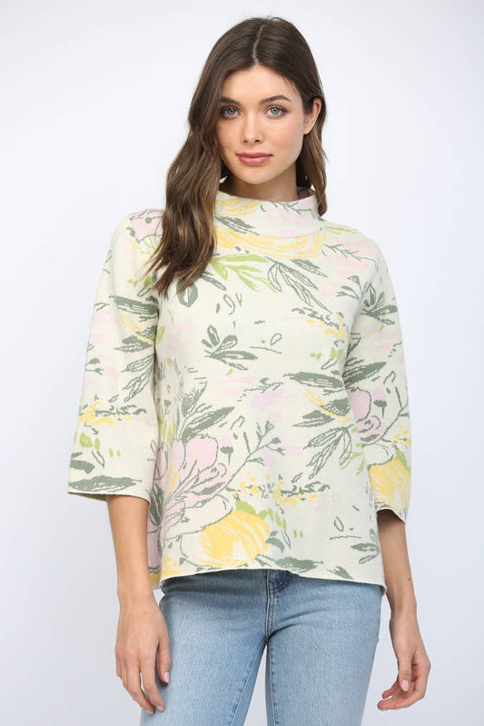 Fate Floral Pattern 3/4 Flared Sleeve Mock Neck Sweat