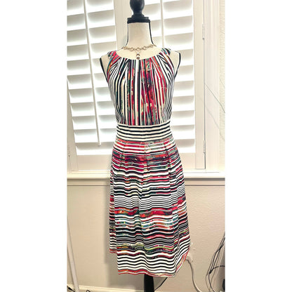Nine West Tangerine Tango Combo Stripe Slvless High Neck Pleated Fit Flare Dress