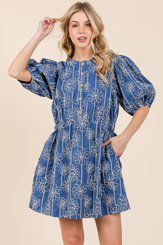 GeeGee x Lovelo Floral Embroidered Half Button-Up Mini Dress