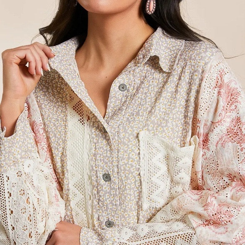 POL Clothing Floral Crochet Oversized Blouse