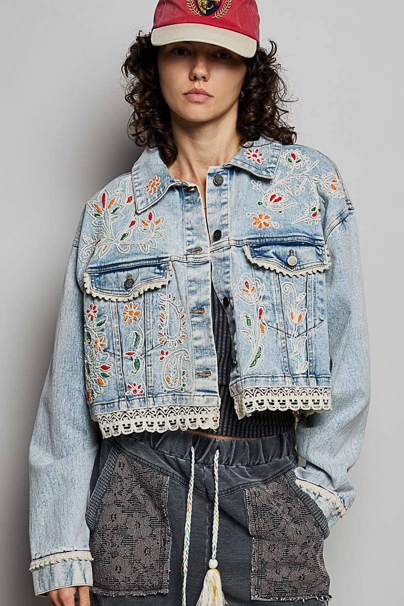 Pol Clothing Floral Embroidery Lace Trim Denim Jacket
