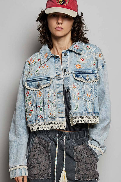 Pol Clothing Floral Embroidery Lace Trim Denim Jacket