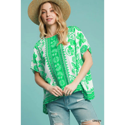 Umgee Green Floral Oversized Boho Top