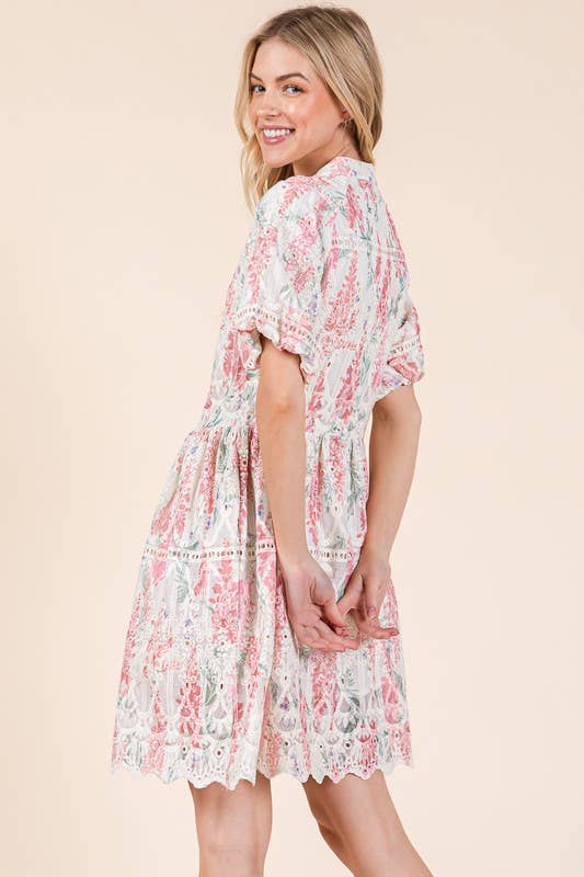GeeGee x Lovelo Floral Eyelet Lace Mini Shirt Dress