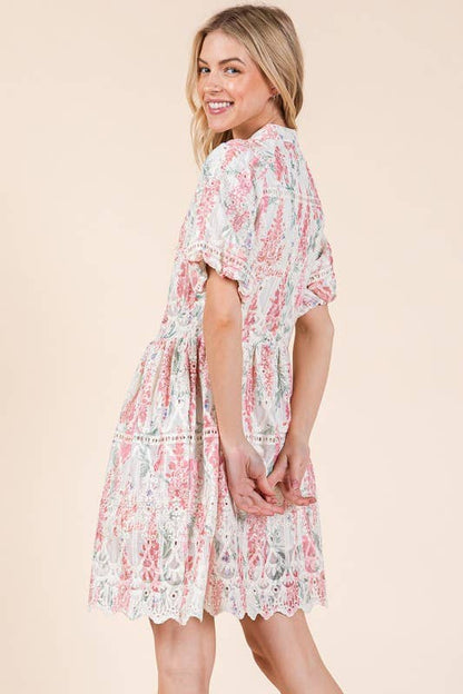 GeeGee x Lovelo Floral Eyelet Lace Mini Shirt Dress