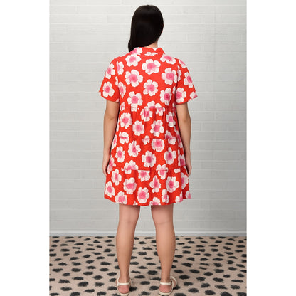 Umgee Tomato Red Floral Print Tiered Bubble Sleeve Dress