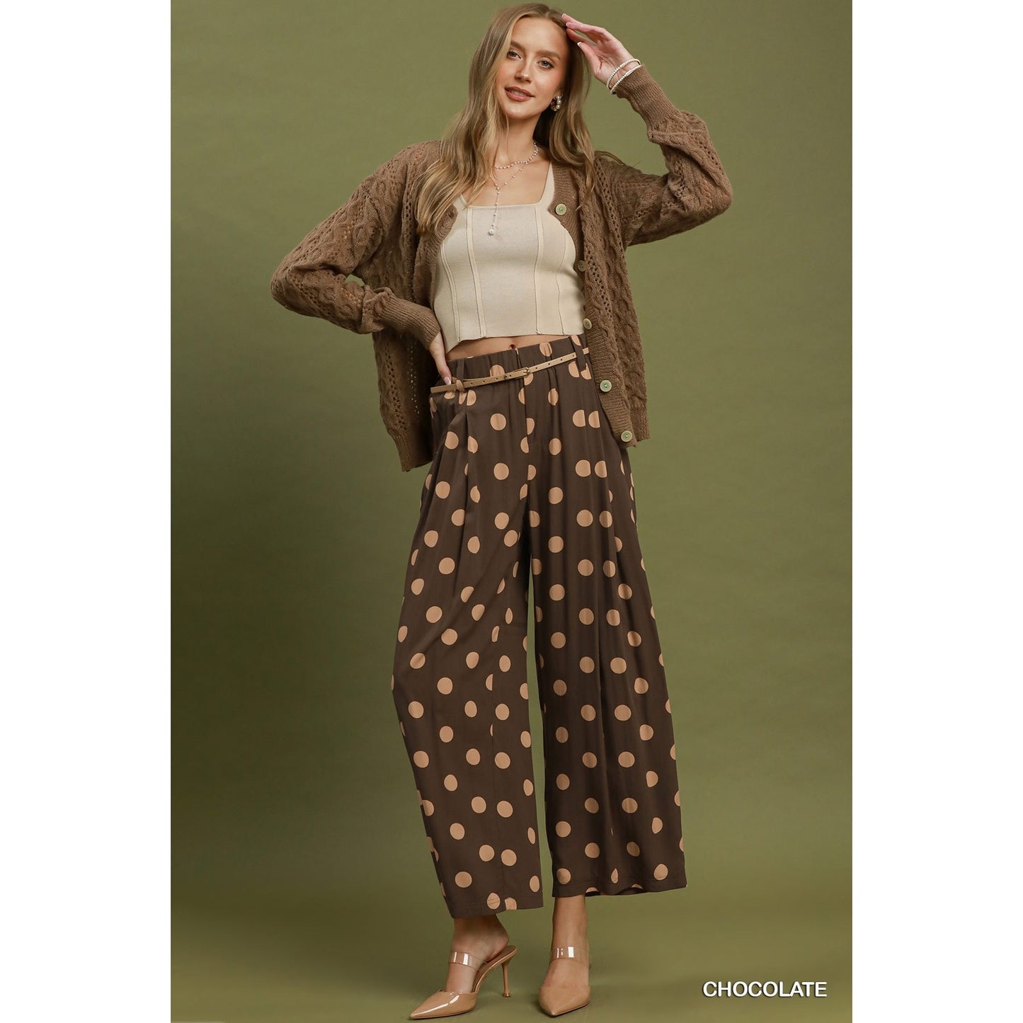 Umgee Chocolate Polka Dot Wide Leg Pull-On Pants
