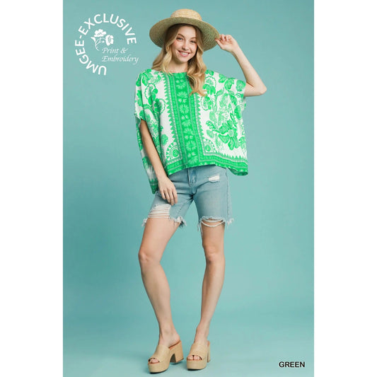 Umgee Green Floral Oversized Boho Top