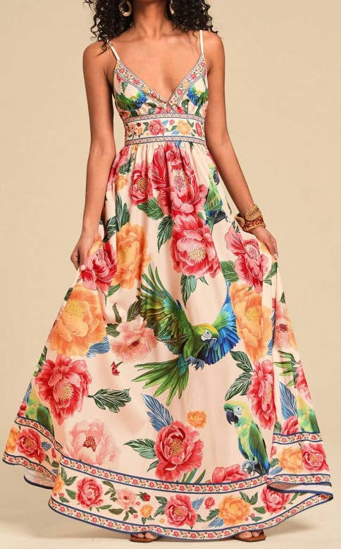 Rosa Clothing - Verona Macaw & Peony Floral print resort strappy sundress