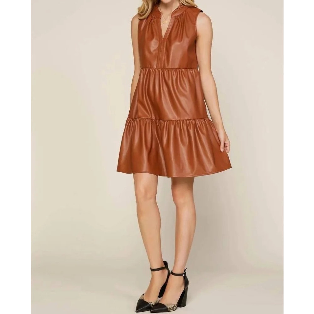 Skies Are Blue Sleeveless Vegan Leather Tiered V-neck Dress