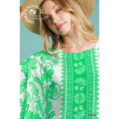 Umgee Green Floral Oversized Boho Top