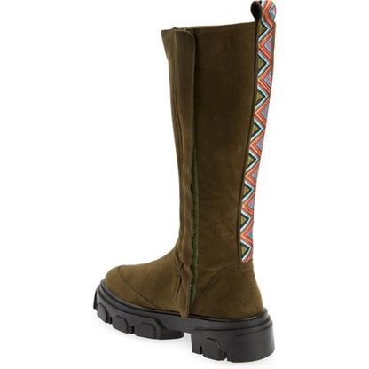 FARM RIO Embroidered Suede Tall Knee High Lug Sole Boot Green Suede