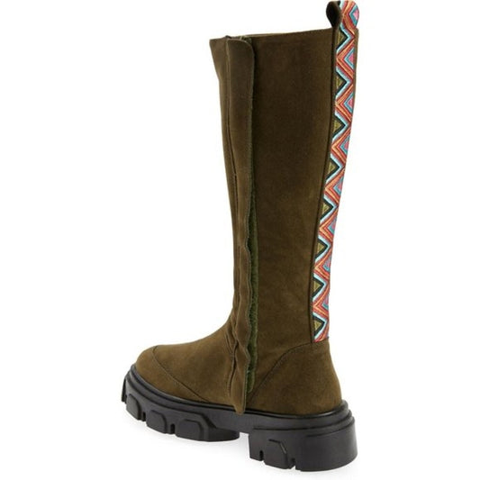 FARM RIO Embroidered Suede Tall Knee High Lug Sole Boot Green Suede