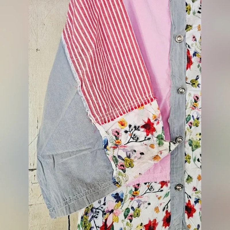 POL Clothing Patchwork Button Down Shirt Boho Floral Shirt