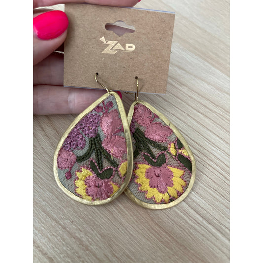 Pink Mesh Flower Embroidered Teardrop Elegance Earrings