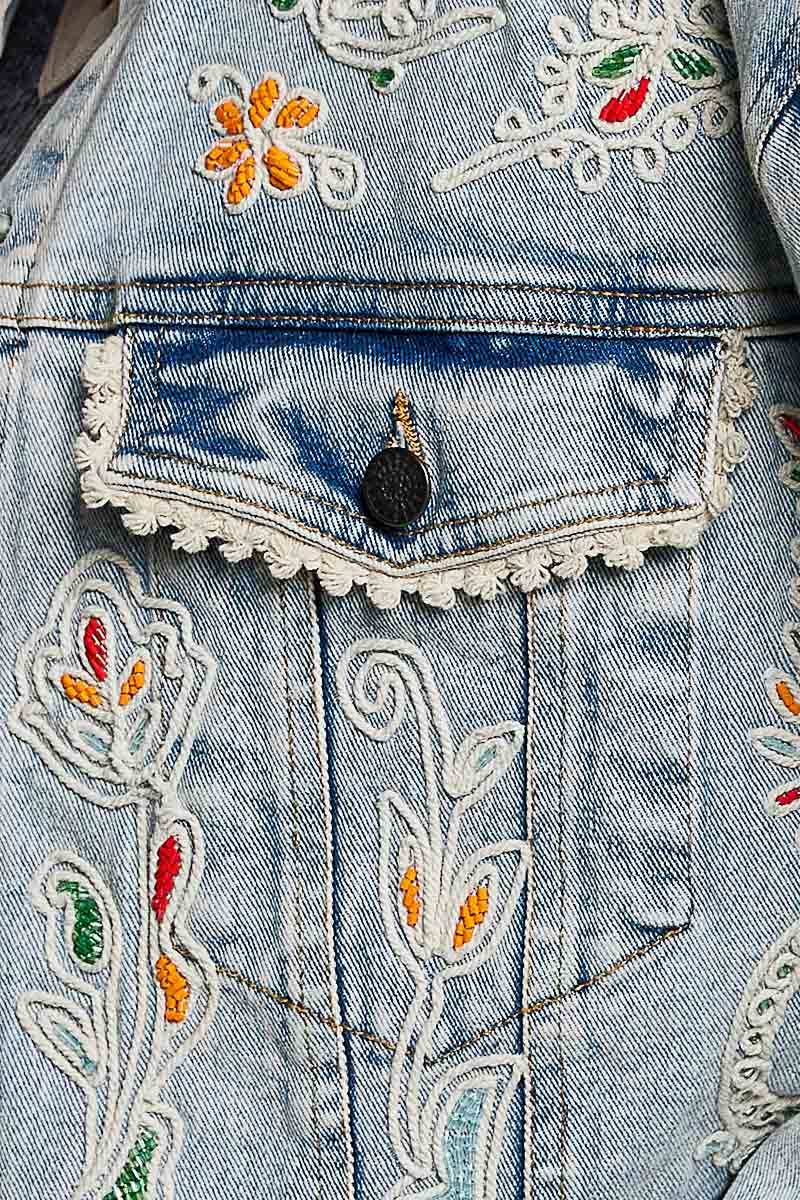 Pol Clothing Floral Embroidery Lace Trim Denim Jacket