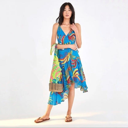FARM RIO Women Blue Banana Sleeveless Wrap Asymptomatic Tropical Dress