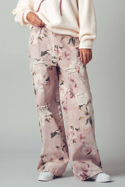 Urban Daizy - Romantic Rose Print High-Rise Denim Pants