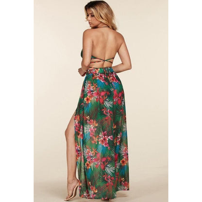 Tropical Print Maxi Dress Bikini Style Set