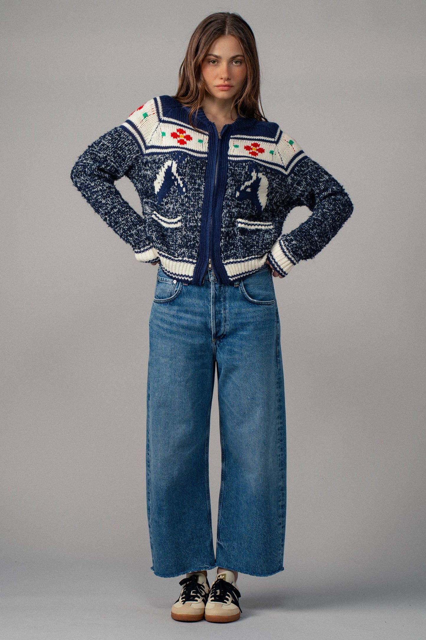 Urban Daizy Floral Yoke Zip-Up Knit Cardigan