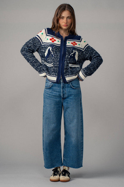 Urban Daizy Floral Yoke Zip-Up Knit Cardigan