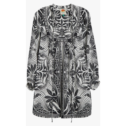 FARM Rio Monochrome Elegance Scarf Print Long Sleeve Linen Blend Minidress
