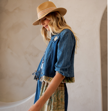 Young Threads Western Boho Chic: Patchwork Cropped Denim Jacket