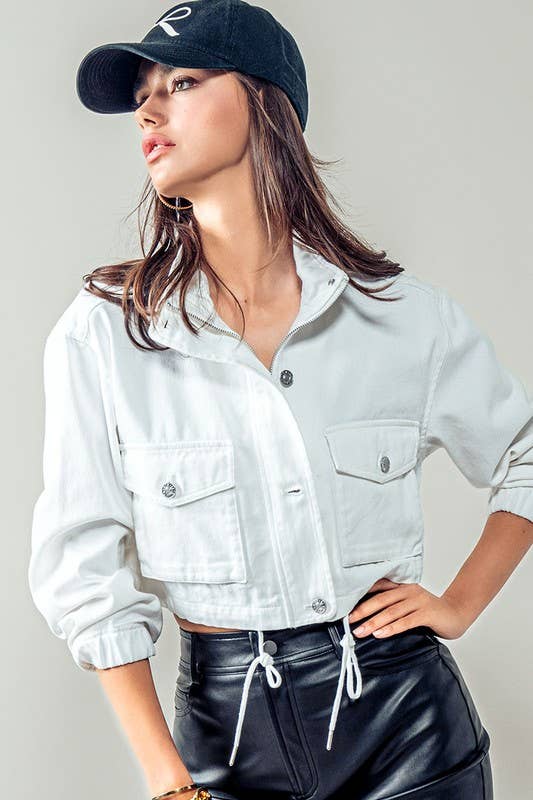 Urban Daizy White Utility Cropped Drawstring Hem Stand Collar Denim Jacket