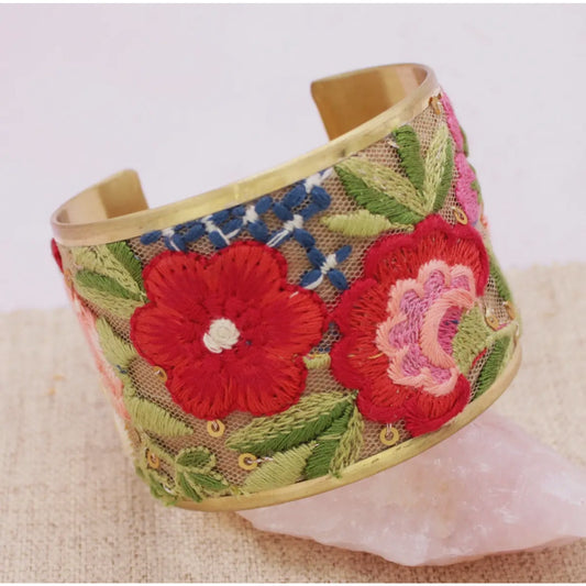 Red Mesh Flower Embroidery Cuff Bracelet