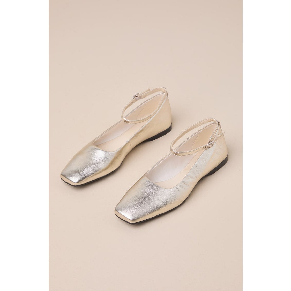 Vagabond Shoemakers Delia Gold Metallic Leather Square Toe Ankle Strap Flats