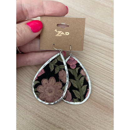 Pink Flower Embroidery Silver Teardrop Earrings
