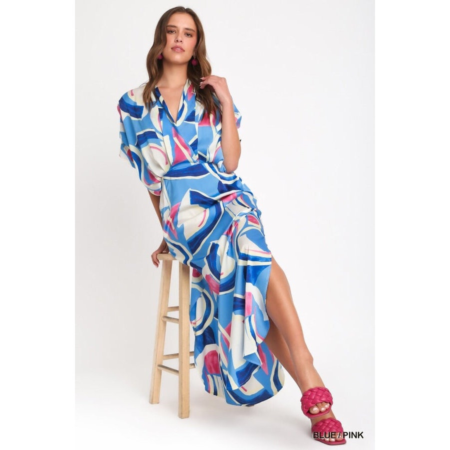 Umgee Satin Abstract Print Overlap Maxi Dress with Side Slits