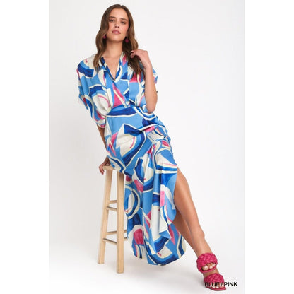 Umgee Satin Abstract Print Overlap Maxi Dress with Side Slits