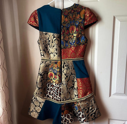 Alice + Olivia Rapunzel Brocade Patchwork Curved Hem Fit & Flare Mini Dress