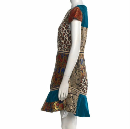 Alice + Olivia Rapunzel Brocade Patchwork Curved Hem Fit & Flare Mini Dress