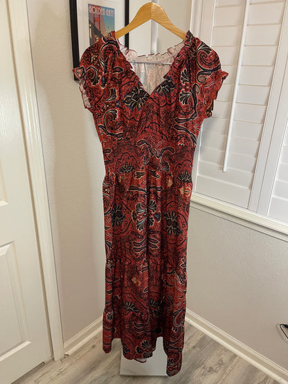 Burgundy Paisley Ruched Trim V-Neck Maxi Dress