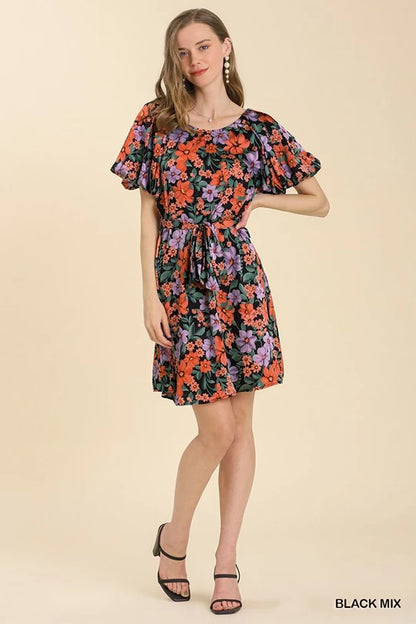 Umgee Floral Print Dress with Balloon Sleeves