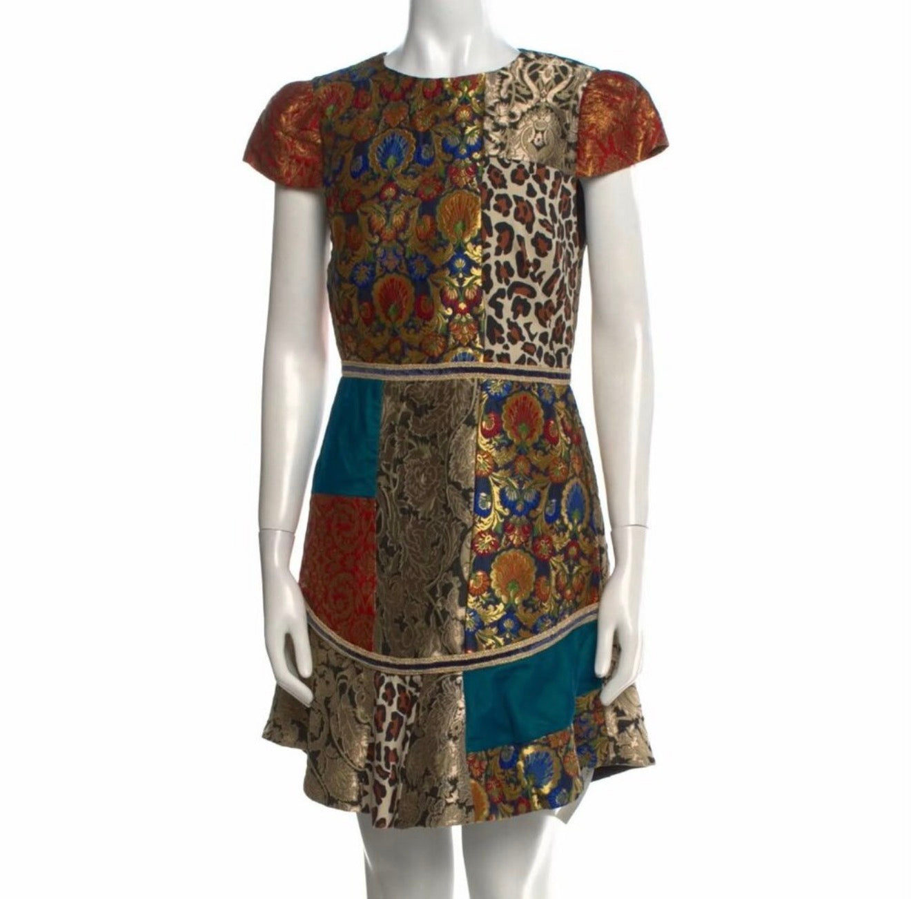 Alice + Olivia Rapunzel Brocade Patchwork Curved Hem Fit & Flare Mini Dress