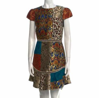 Alice + Olivia Rapunzel Brocade Patchwork Curved Hem Fit & Flare Mini Dress