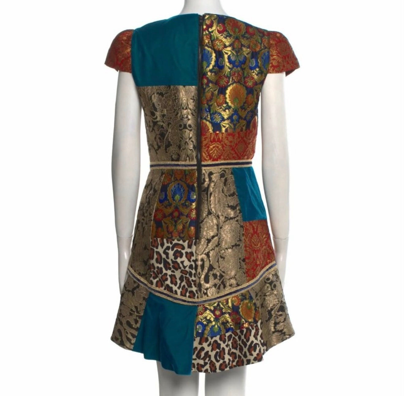 Alice + Olivia Rapunzel Brocade Patchwork Curved Hem Fit & Flare Mini Dress