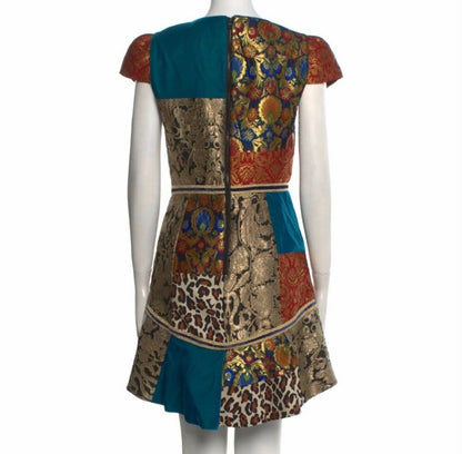 Alice + Olivia Rapunzel Brocade Patchwork Curved Hem Fit & Flare Mini Dress