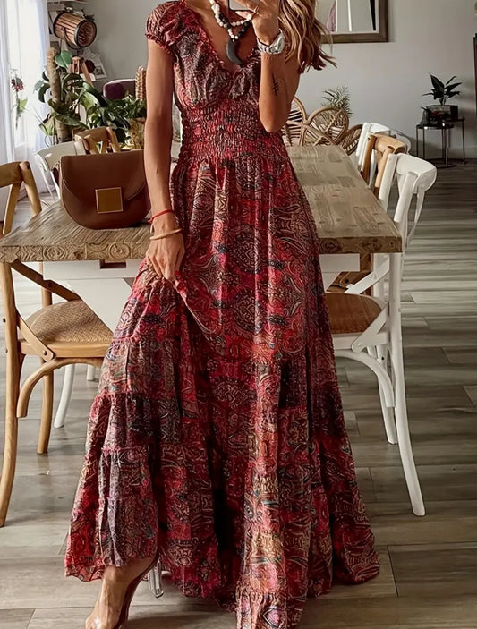 Burgundy Paisley Ruched Trim V-Neck Maxi Dress