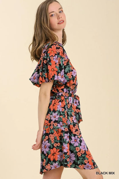 Umgee Floral Print Dress with Balloon Sleeves