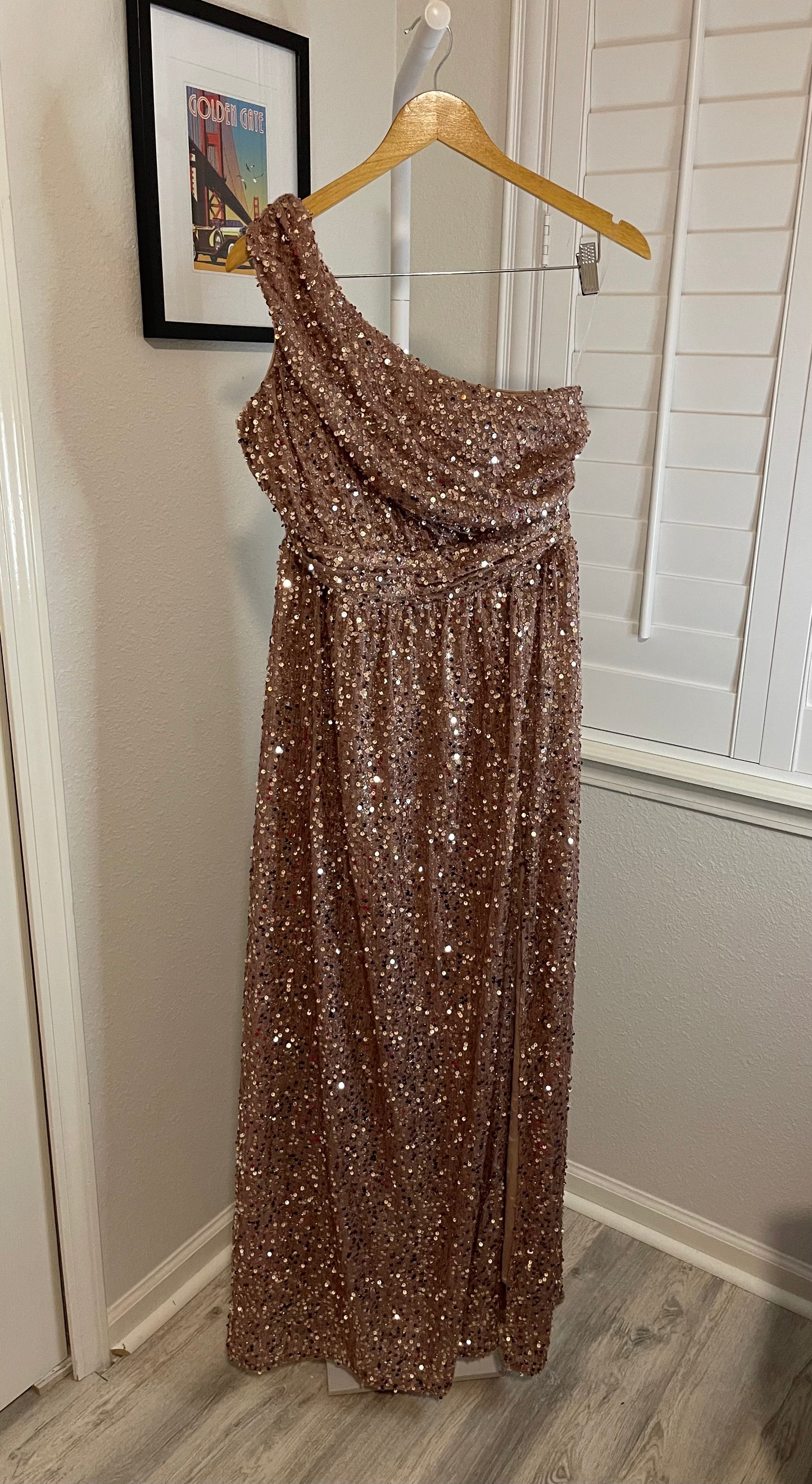 Champagne Sequin Ruched One-Shoulder Gown