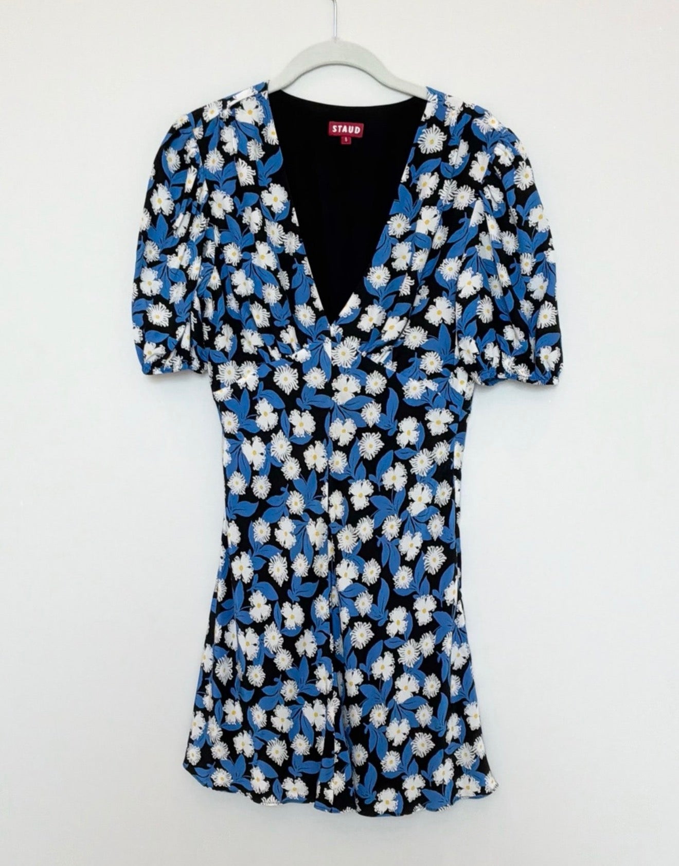 STAUD Milla Blue Floral Puff Sleeve Mini Dress