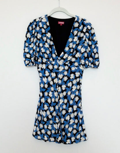 STAUD Milla Blue Floral Puff Sleeve Mini Dress