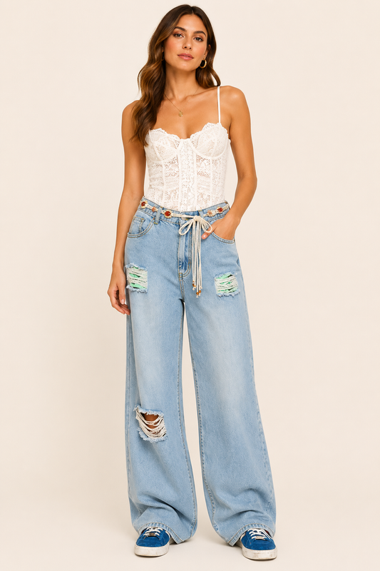 POL Clothing Wide Leg Soft Denim Jeans with Patching
