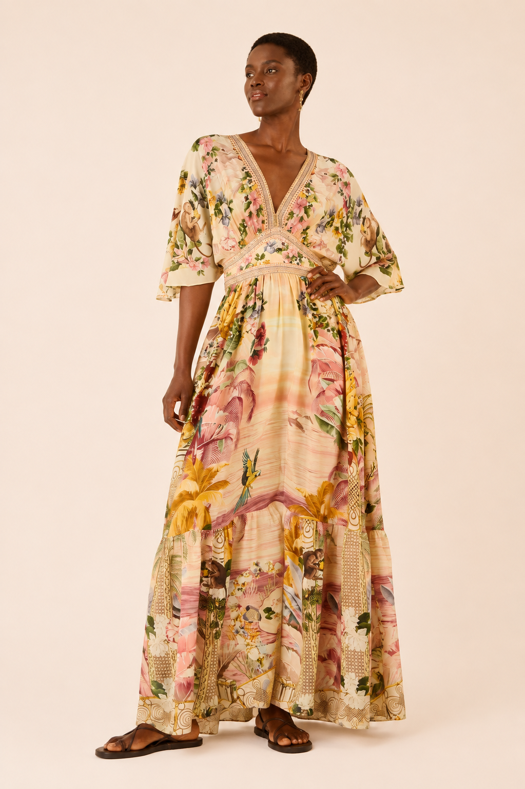Camilla White Lotus Crystal-Embellished Silk/Satin Maxi Dress